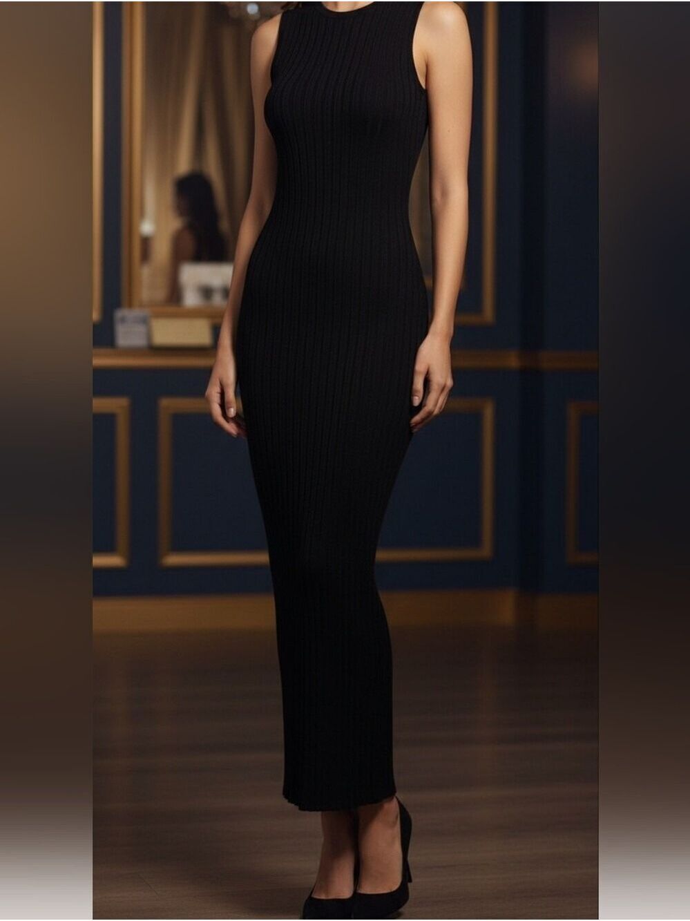 Fitted Long Length Moiu Muse Black Ribbed Maxi Dress Size Small